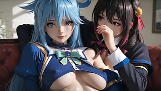 Sfw Aqua and Yunyun From Konosuba Soft Show Touching and Kissing Lesbian