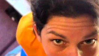 Femdom cuckold with interracial blowjob from brunette