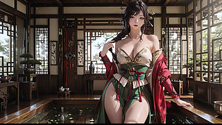 The Red-Robed Goddess in a sun-dappled secret garden, lazily turning her head with golden halos and a coy smile