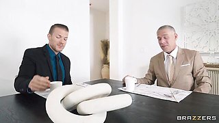 Two large white cocks fucked a gorgeous busty blonde Ryan Conner