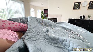A morning blowjob from his stepdaughter with plenty of lube ends with cum in her mouth