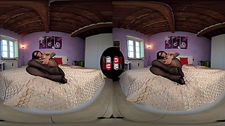 Brunette Chiara Laying Topless On Bed With Black Nylons; Short Vr Porn Video Sexy Legs And Feet