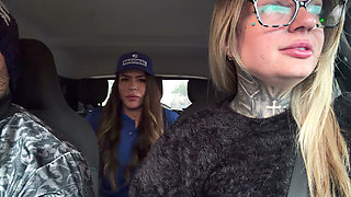 My Husband's Cuckold Got Out of the Car and I Called the Gas Station Attendant to Fuck and She Accepted and Got in the Car and W