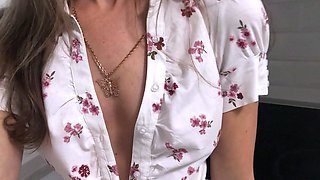 Busty curly brunette with big boobs fucks on couch