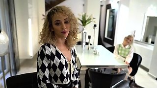 Wild babes having threeway fun with strapon toy and POV cock