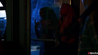 Queenie Sateen's Juicy Interracial Threesome in a Wild Restaurant