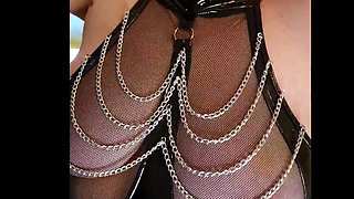 Trying on my PVC & Chains basque before our trip to the Sex Club