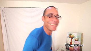 Latina tranny sucks cock and balls