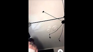 Busty curly brunette with big boobs fucks on couch