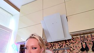 Blonde with big boobs fucked from behind before tit wanking