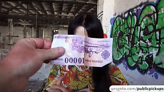 Sexy Russian teen Taissia Shanti gets down on her knees to suck dick for cash