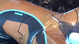 Latex Danielle is attached to the bed and masturbated with the massage vibrator