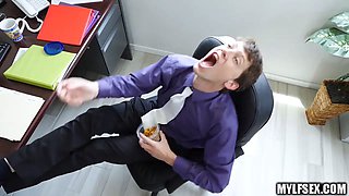 2 office mummies dominate assistants cock in three way