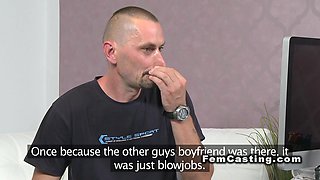 Bisexual guy and female agent masturbate