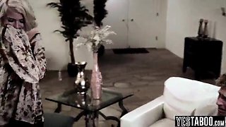 Fat jugs COUGAR stepmother woos son-in-law and teenie GIRLFRIEND for 3 way