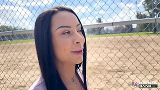 Busty Brunette Babe Cara Mella Rubs a Big Cock With Her Tender Feet, Before Taking It In Her Cunt