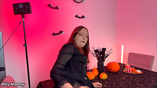 Hot Redhead Witch in Shiny Pantyhose Traps You and Obliges to Creampie Her Pussy
