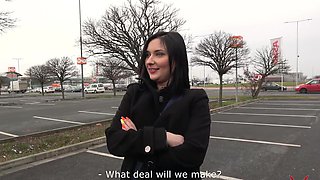 Brunette Nika gives a steamy blowjob in the car while her man fucks her from behind