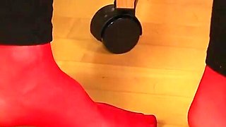 Peeptoe Dangling in Red Stockings & Black Leggings