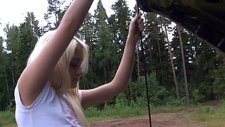 young babe on a big car needs help