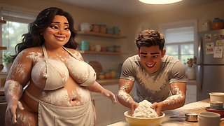 Curvy Latina bakes naked under tiny apron while her young stepson watches every move (AI generated)