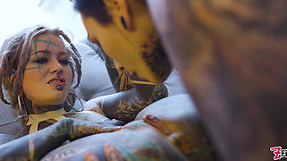 Burlesque Tattoo Beauty with Big Boobs Gives Anal Fuck with Strap-on