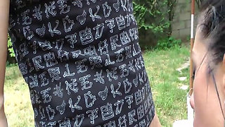 A Pretty Brunette Is Being Fucked by Three Big Cocks in the Garden.