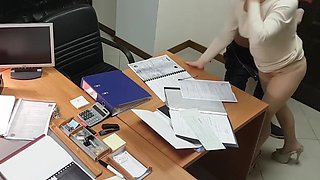 Hot office secretary sucks and rides her boss on the desk