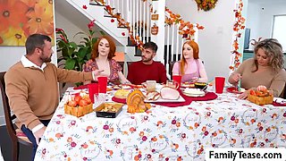Stepsisters blowjob stepbro under table