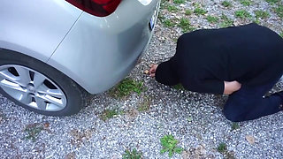 Femdom chick wants to punish him outdoor