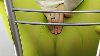 Redhead Teen Feeling Horny in Green Tights on Chair
