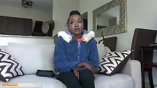 Petite black teen Brandie gets rough face fucked by big cock in casting couch scene