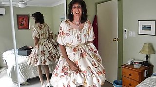 Crossdresser michelle playing in floral frock