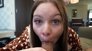 Teen Adrianna Jade's juicy naturals bounce in POV as she slurps cock