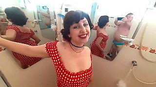 Pinup bebe has no panties in front of the mirror Retro Vintage Nude maid Housewife