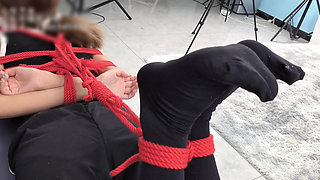 A Young, Beautiful, Slender, and Adorable Girlfriend, with Black Stockings, Red Strings, and Restraints