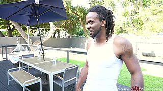 Interracial summer fuck by the pool with a hot chick and a pumped-up guy