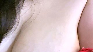 Busty curly brunette with big boobs fucks on couch