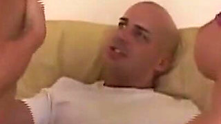 Blonde and Brunette Babes Share Huge Cock in Steamy Threesome