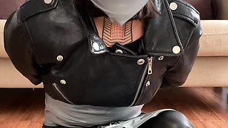 Leather milf self bondage