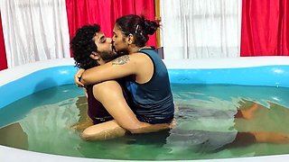 Steamy pool romance lip lock with hooters deep-throat