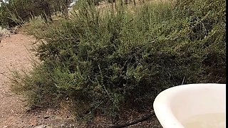 Big-Titted Babe Jerks Off a Lucky Hiker in the Woods