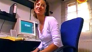 Sexy German secretary sucks and jerks off a dick in the office