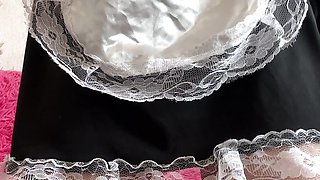 Sexy maid without panties caresses hairy pussy and gets orgasm