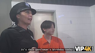 Watch as prison gang bangs a horny mature woman and her chubby girlfriends in a steamy shower orgy