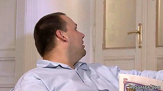 Boyfriend's dad involves teen brunette into cheating fuck