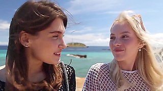 Two Exhibitionist Friends Stroll Naked On The Street And At The Beach With Naked Street