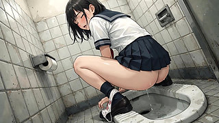 A female student urinating in the girls' restroom