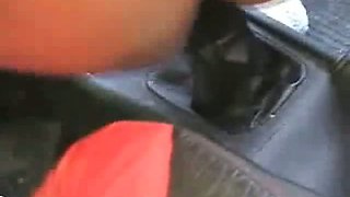 This horny babes masturbates with the car gear shift