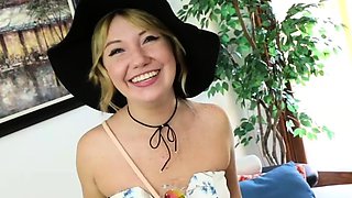 Freckled blonde fucktoy milks for first time on camera